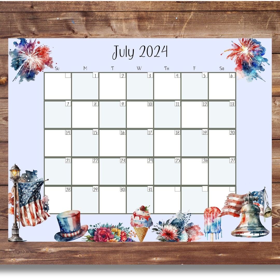 EDITABLE July 2024 Calendar 4th of July Calendar Red White Etsy