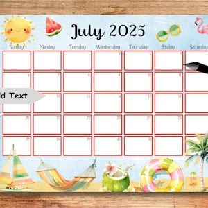 EDITABLE, July 2025 Calendar, 2025 July, Wall Calendar, Vacation Calendar, Printable Calendar, Monthly Calendar, 2025 Calendar, Digital