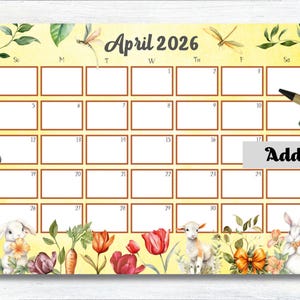 EDITABLE, April 2026 Calendar, Easter Calendar, Printable Monthly Calendar, School Calendar, Wall Calendar, 2026 April, Vacation Planner