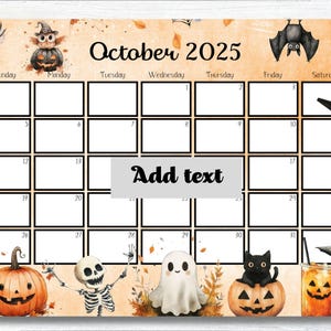 EDITABLE October 2025 Calendar, Cute Halloween Clipart, 2025 October Calendar, Printable Monthly Calendar, School Calendar, Wall Calendar