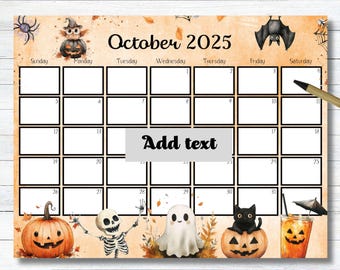 EDITABLE October 2025 Calendar, Cute Halloween Clipart, 2025 October Calendar, Printable Monthly Calendar, School Calendar, Wall Calendar