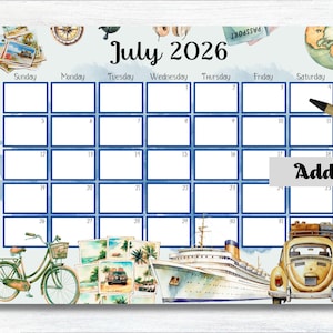 EDITIERBARER Juli 2026 Kalender, 2026 Juli, Urlaubsplaner, Wandkalender, druckbarer Monatskalender, digitaler Kalender, Sommerkalender