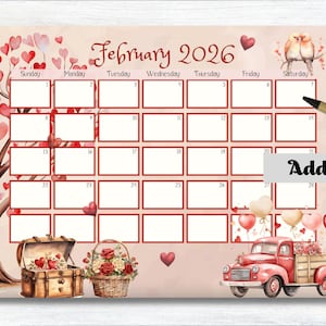 Calendario de febrero de 2026 (editable), Calendario 2026, Calendario imprimible, Planificador escolar, Calendario de pared, Febrero de 2026, Calendario descargable