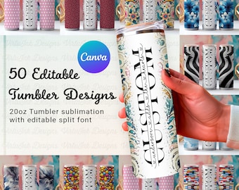 May include: A collection of 50 editable 20oz tumbler designs featuring various patterns and colours. The designs include polka dots, floral patterns, marble, stripes, and more. The text "Custom" is written on one of the tumblers.