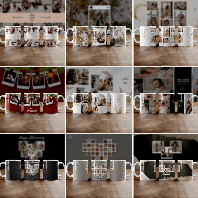 May include: A set of 10 white ceramic mugs with different photo collage designs. The mugs have a handle on the right side and are arranged in three rows of three mugs each. The mugs are on a wooden surface.