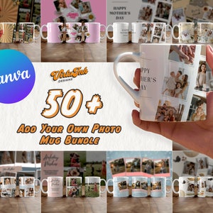 May include: A collection of 50+ white ceramic mugs with various designs featuring photos and text. The text on the mugs includes "Happy Mother's Day", "Holiday Wishes", and "Canva".