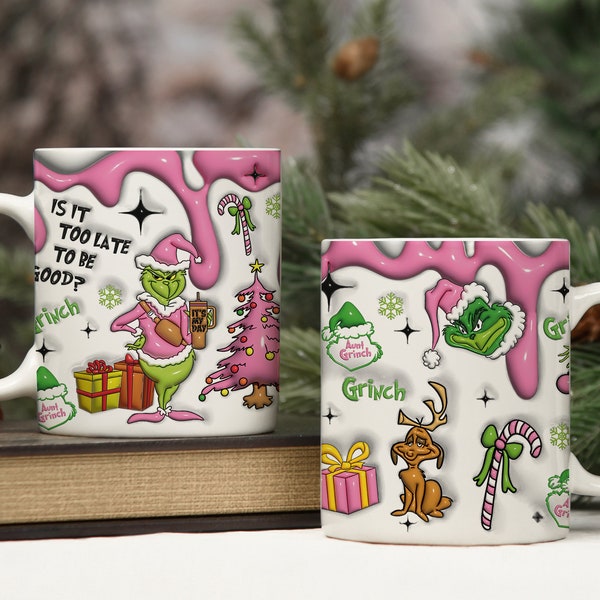 3D Inflated Pink Christmas 11 Oz Mug Png, Christmas Tumbler Wrap, 300 DPI, Santa Claus Christmas Coffee Mug Png