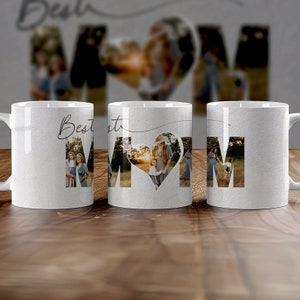 May include: White ceramic mug featuring a photo collage of a family forming the word "MOM" with a heart in the "O". The text "Best" is written above the word "MOM".