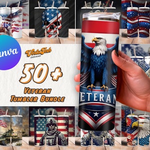 May include: A set of 50+ veteran-themed tumbler designs featuring various patriotic and military-inspired graphics, including American flags, eagles, soldiers, and tanks. The designs are perfect for creating personalized tumblers for veterans, military personnel, and supporters.