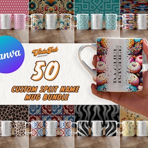 Paquete de 50 tazas divididas con nombre editables, plantilla de Canva editable, paquete de diseño sin costuras para vasos de sublimación de 20 oz, agregue su propio nombre PNG