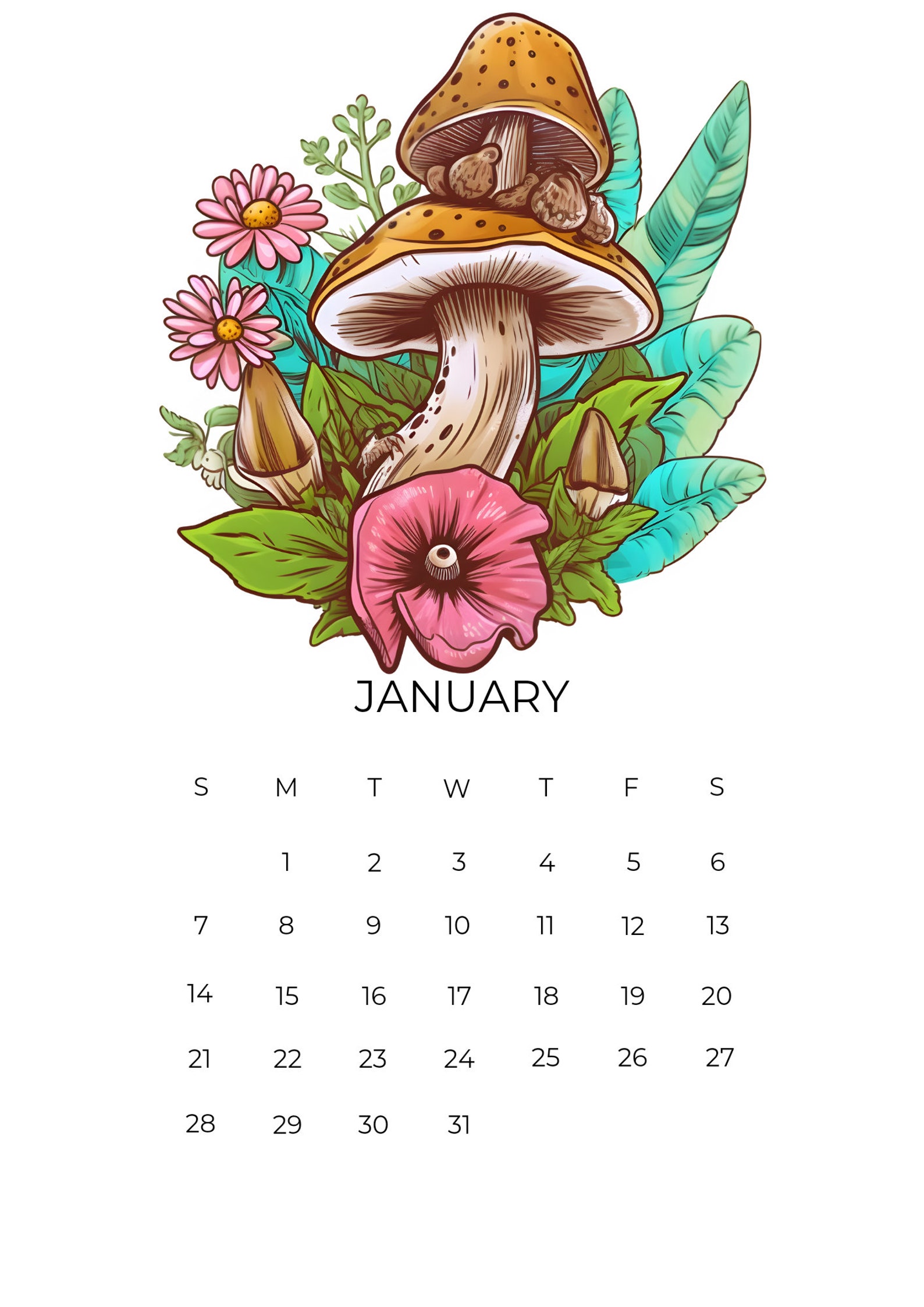 Digital 2024 Mushroom Calendar Download, Printable Cottagecore 2024
