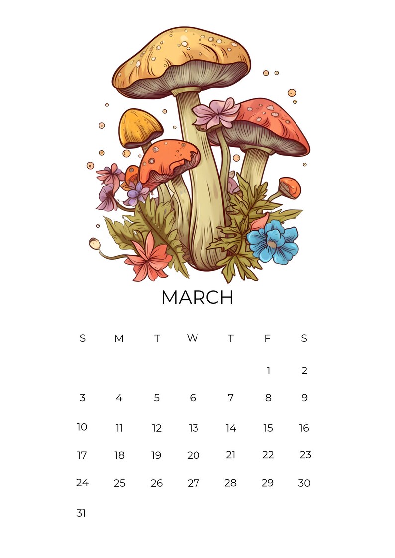 Digital 2024 Mushroom Calendar Download, Printable Cottagecore 2024