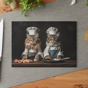 Tabla de cortar de vidrio con gatos chefs / Decoración de cocina única / Regalo para amantes de los gatos / Regalo de broma