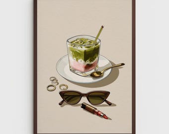 Strawberry Matcha Latte Art Print: Trendy Cafe Decor (Digital Download)