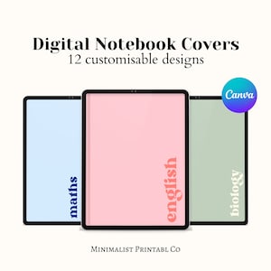 May include: Three digital notebook covers with a minimalist design. The covers are pink, blue, and green with the words "english", "maths", and "biology" written on them in a bold font.