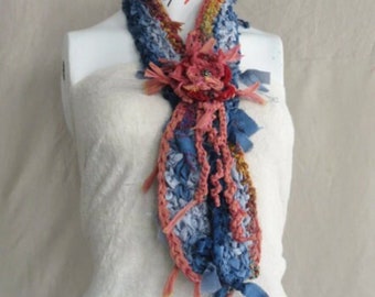 Beautiful Gift For Her, Grey Silk Crochet Scarf, Crochet lariat scarf, Grey Scarf With Removable Flower Applique