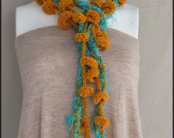 Beautiful Gift For Her, Long Crochet Bohemian Scarf/Neck Warmer,Mango &Turquoise Lariat,Bohemian Crochet Belt