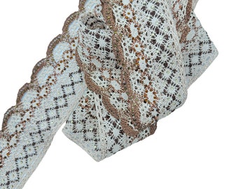 White and brown crochet lace with rhinestones. Cotton Crochet Lace Trim Made Of Silk Thread. Edging Lace.