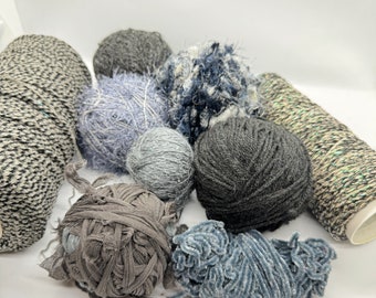 Novelty yarn in different textures in shades of grey, decoration accessory, holiday gifting, wrapping, sewing, DIY crafts