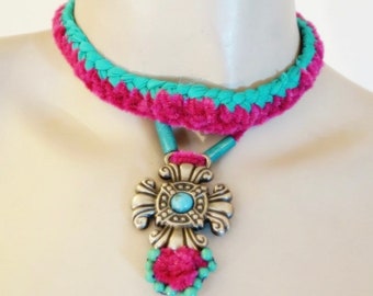 Beautiful Gift For Her, Crochet Fabric Fuchsia and Teal colored Pendant Necklace. Tie Back Necklace.