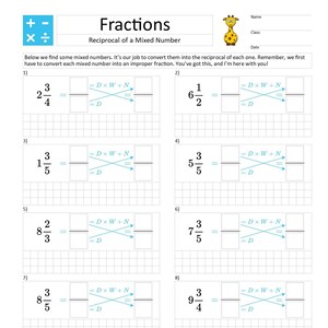 Hojas de trabajo de fracciones con tutorial en video: recíproco de un número mixto - Suave - Tamaño A4 y Carta