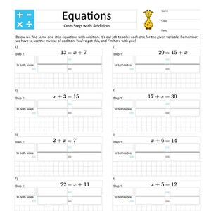 Hojas de trabajo de álgebra con tutorial en vídeo: ecuaciones de un paso con suma - Suave - Tamaño A4 y Carta