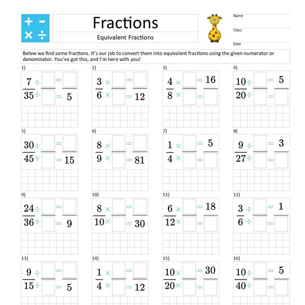 Fraction Worksheets with Video Walkthrough – Identify Equivalent Fractions - Gentle - A4 and Letter Size