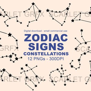 12 Zodiac Signs - svg bundle for zodiac signs and constellations - horoscope, astrology symbols in PNG, PDF, and EPS formats.