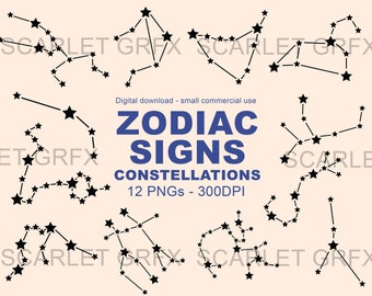 12 Zodiac Signs - svg bundle for zodiac signs and constellations - horoscope, astrology symbols in PNG, PDF, and EPS formats.