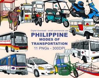 Philippine modes of transportation Clipart - Jeep Tricycle E-bike Bangka Bus MRT LRT Train Modern Jeep Pedicab Kalesa Taxi Motorcycle Angkas