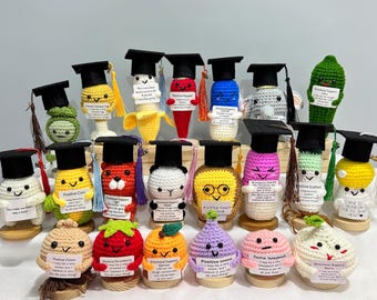 Graduation Themed Crochet Positive Vegetable/Fruit, Custom Tassel Cap Gift,Emotional Support Crochet Animals/Vegetables/Fruits for Graduates