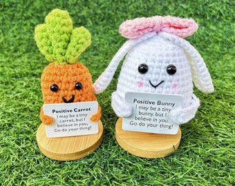 Handmade Crochet Bunny and Carrot With Positive Quote,Crochet Rabbit Toy,Positive Carrot,Mother's Day/Easter Gift,Home/Desk/Office Decor
