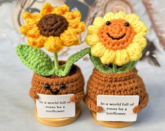 Simpatico girasole all'uncinetto fatto a mano con faccina sorridente, fiore positivo all'uncinetto, accessori fai da te all'uncinetto, regalo per la festa della mamma, regali di incoraggiamento