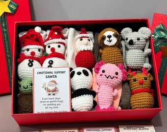 Crochet Animal Sock Gift Set, Christmas Care Package, Handmade Animal Doll, Holiday Sticker , Encouragement Card Present, Christmas gift box