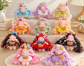 Handmade Crochet Flower Fairy Amigurumi Doll, 11cm Colorful Tassel Hair Yarn Doll, Cute Desk Shelf Decor, Gift for Her, Christmas gift