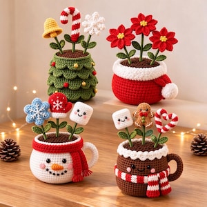 May include: Four crocheted potted arrangements featuring holiday themes. One is a green tree with ornaments, one is a red pot with poinsettias, one is a snowman mug with a snowflake, mitten, and marshmallow, and one is a brown mug with a gingerbread man.