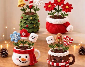 Handmade Crochet Christmas Potted Plant, Amigurumi Christmas Table Decor, Crochet Snowman Gingerbread Man Candy Cane Tabletop Ornament