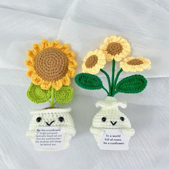 かわいい手作りかぎ針編みのひまわりの鉢植え、かぎ針編みのひまわりの