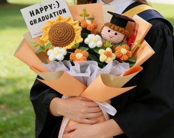 Handmade Crochet Graduation Bouquet with Sunflower and Grad Doll | Happy Graduation Gift for Him Her,Thanksgiving Gift, Xmas Gift