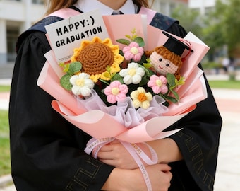Class of 2026 Crochet Graduation Flowers,Graduation Gifts for Her Graduation Gift,Hand Crocheted Flower Bouquet, Graduation Doll with Cap