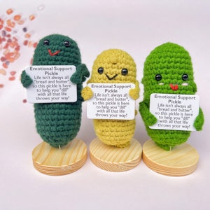 Gehaakte augurken met basis, augurk met emotionele steun, handgemaakte gehaakte voedselpluche met positieve kaarten, aangepast cadeau augurk, gepersonaliseerde cadeaus
