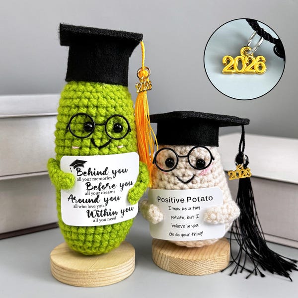 2026 Graduation Positive Pickle with Stand,Graduation Potato Keepsake,High School,College, PHD Grad Gifts,Handmade crochet Vegetables