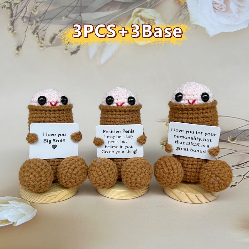 Pene de crochet divertido - Regalo divertido para adultos - Pene amigurumi de crochet - Regalo para novio/esposo - Regalo de aniversario, Pene positivo para Navidad 3PCS+3Bases