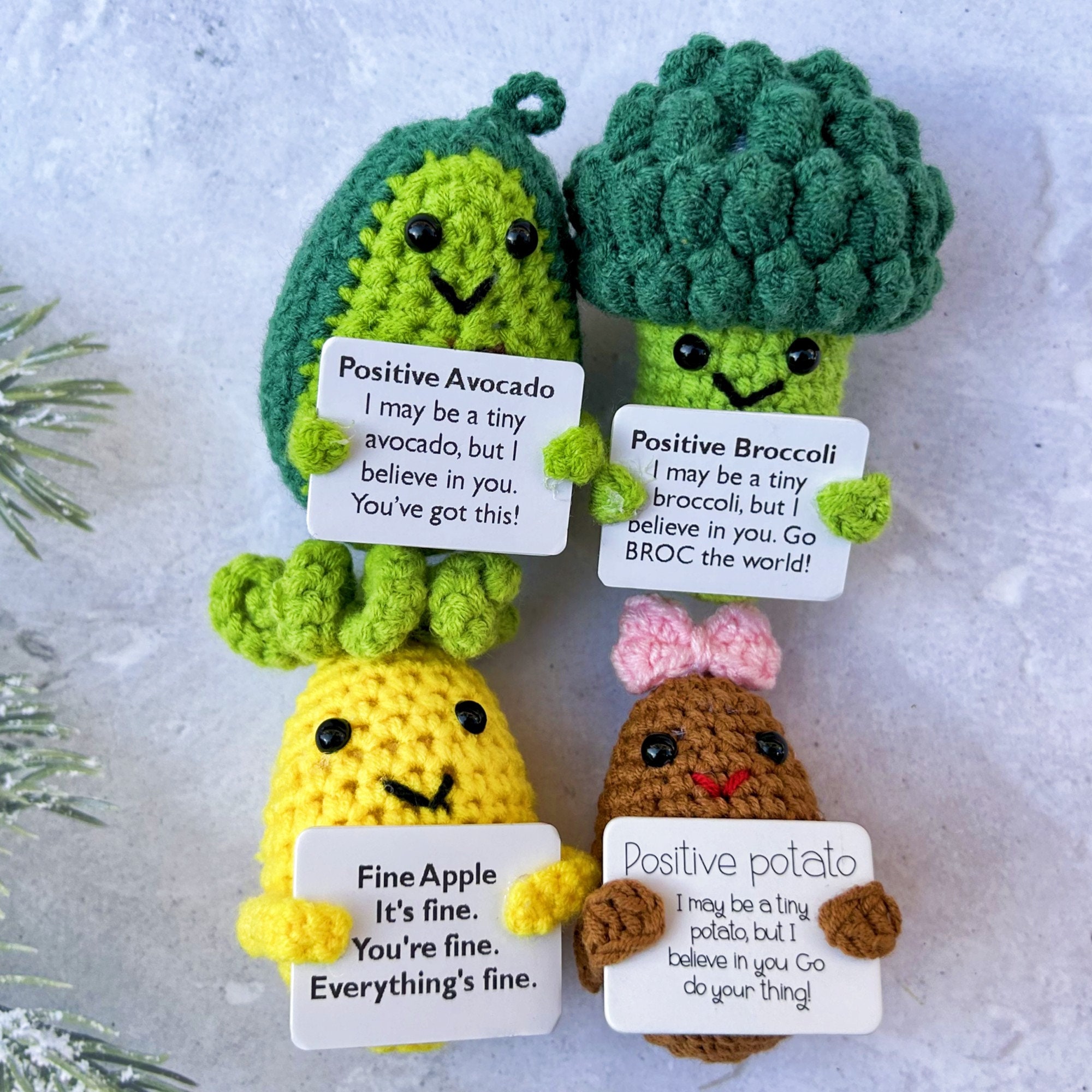 4PCS Cute Crochet Avocado/broccoli/pineapple/potato Caring Gifts,handmade  Crochet Food Plush With Positive Cards,diy Crochet Accessories 
