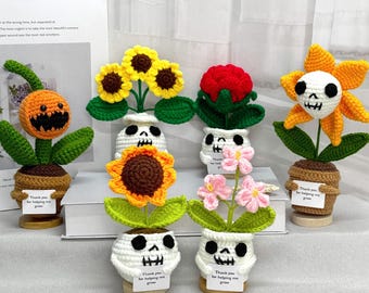 Handmade crochet Halloween Home Desk Decor-Crochet Ghost Potted Plants,Crochet Sunflower/Rose,Halloween pumpkin /Ghost/Mother's Day gift