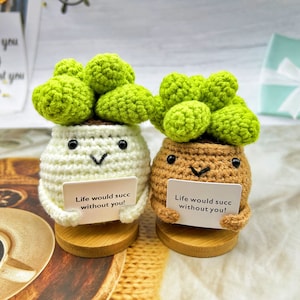 May include: Two crocheted succulent plants with smiling faces holding signs that say "Life would succ without you!" The plants are in white and brown pots and are sitting on wooden bases.