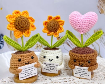 Girasol de ganchillo hecho a mano en maceta con forma de corazón, exquisito girasol de ganchillo, regalo para el Día de la Madre, amor para mamá, regalo de cumpleaños, regalo eterno