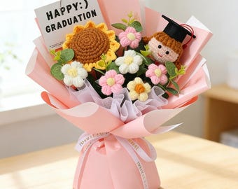 Flores de graduación de ganchillo para la promoción de 2026, regalos de graduación para ella, regalo de graduación, ramo de flores de ganchillo hecho a mano, muñeca de graduación con birrete.