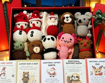Crochet Animal Sock Gift Set, Christmas Care Package, Handmade Animal Doll, Holiday Sticker , Encouragement Card Present, Christmas gift box
