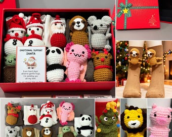 Crochet Animal Sock Gift Set, Christmas Care Package, Handmade Animal Doll, Holiday Sticker , Encouragement Card Present, Christmas gift box